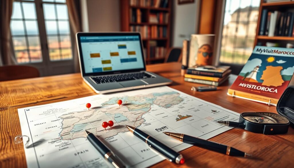 A well-organized travel itinerary planning scene with a warm, inviting atmosphere. In the foreground, a wooden table displays a detailed map of Spain, Portugal, and Morocco, highlighted with pins and notes. Elegant fountain pens, a compass, and a MyVisitMorocco travel guide lie nearby. In the middle ground, a laptop screen displays a digital calendar, with highlighted dates and destinations. Soft, natural lighting illuminates the scene, creating a cozy and focused ambiance. In the background, a bookshelf filled with guidebooks and a window overlooking a scenic landscape complete the composition, conveying a sense of exploration and anticipation. A well-organized travel itinerary planning scene with a warm, inviting atmosphere. In the foreground, a wooden table displays a detailed map of Spain, Portugal, and Morocco, highlighted with pins and notes. Elegant fountain pens, a compass, and a MyVisitMorocco travel guide lie nearby. In the middle ground, a laptop screen displays a digital calendar, with highlighted dates and destinations. Soft, natural lighting illuminates the scene, creating a cozy and focused ambiance. In the background, a bookshelf filled with guidebooks and a window overlooking a scenic landscape complete the composition, conveying a sense of exploration and anticipation.