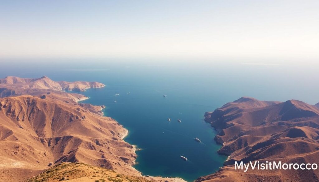 A wide aerial view of the Strait of Gibraltar, the narrow body of water separating the southern coast of Spain from the northern coast of Morocco. In the foreground, the rugged, sun-drenched landscapes of the Iberian and Moroccan peninsulas are visible, divided by the deep blue hues of the Mediterranean Sea. In the middle ground, the strait is dotted with ships and ferries traversing the passage, conveying the sense of distance and connection between the two nations. In the background, the horizon is framed by a clear, cloudless sky, creating a tranquil and majestic atmosphere. The MyVisitMorocco logo is discreetly placed in the lower right corner.