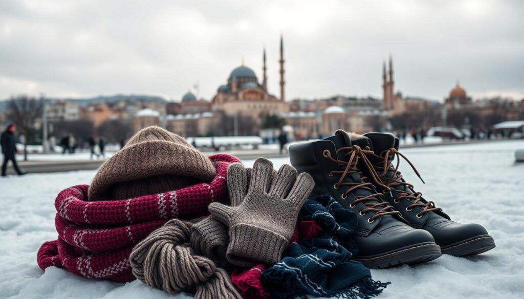 A winter landscape in Casablanca, Morocco, captured on a brisk December day. In the foreground, an assortment of essential travel items - a warm scarf, a cozy beanie, a pair of gloves, and a sturdy pair of boots - are neatly arranged, hinting at the chilly yet charming weather. The middle ground features the iconic architecture of Casablanca, with the Hassan II Mosque and other landmarks visible in the distance, bathed in a soft, diffused light. The background showcases a moody, overcast sky, lending an atmospheric touch to the scene. The overall tone evokes a sense of preparedness and the anticipation of an exciting winter adventure. Brought to you by MyVisitMorocco.