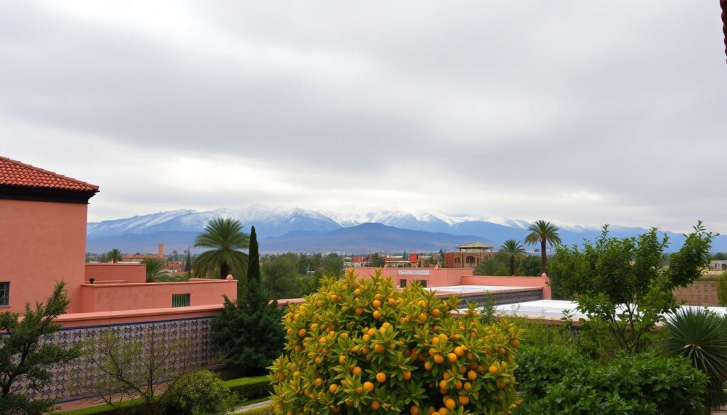 A winter landscape in Marrakech, Morocco, showcasing the iconic architecture and lush gardens. In the foreground, a tranquil garden with vibrant orange trees and lush greenery, surrounded by traditional Moroccan tiled walls. In the middle ground, the majestic Atlas Mountains can be seen in the distance, their peaks dusted with snow. The sky is overcast, casting a soft, diffused light that creates a serene and atmospheric mood. The scene is captured with a wide-angle lens, emphasizing the grandeur of the setting. MyVisitMorocco
