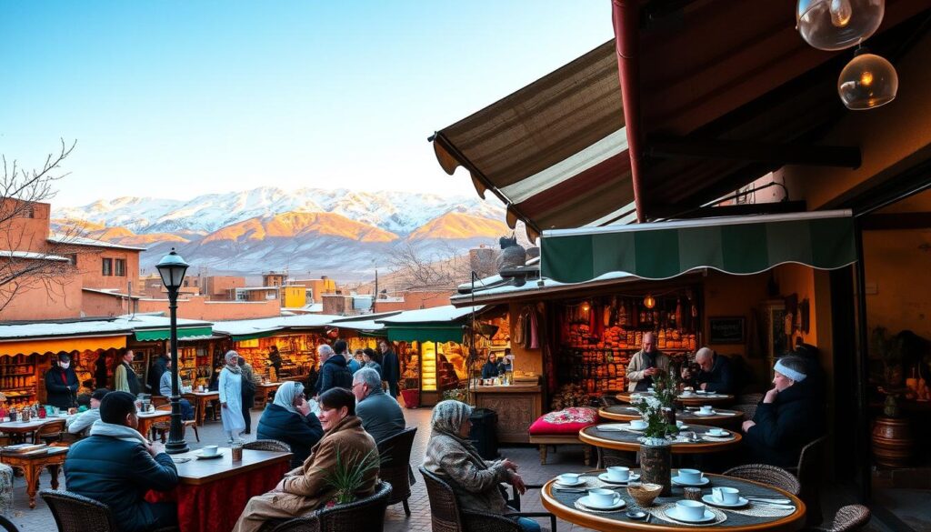 A winter landscape in Morocco, captured with a wide-angle lens. In the foreground, a cozy café terrace with people sipping hot mint tea, shielded from the elements by colorful awnings. In the middle ground, a bustling souk, its stalls overflowing with handcrafted wares and spices. In the background, the majestic Atlas Mountains, their snow-capped peaks glistening under a warm, golden-hour sky. The scene is infused with the vibrant colors and rich textures that define the MyVisitMorocco experience, creating a welcoming and authentic atmosphere. A winter landscape in Morocco, captured with a wide-angle lens. In the foreground, a cozy café terrace with people sipping hot mint tea, shielded from the elements by colorful awnings. In the middle ground, a bustling souk, its stalls overflowing with handcrafted wares and spices. In the background, the majestic Atlas Mountains, their snow-capped peaks glistening under a warm, golden-hour sky. The scene is infused with the vibrant colors and rich textures that define the MyVisitMorocco experience, creating a welcoming and authentic atmosphere.