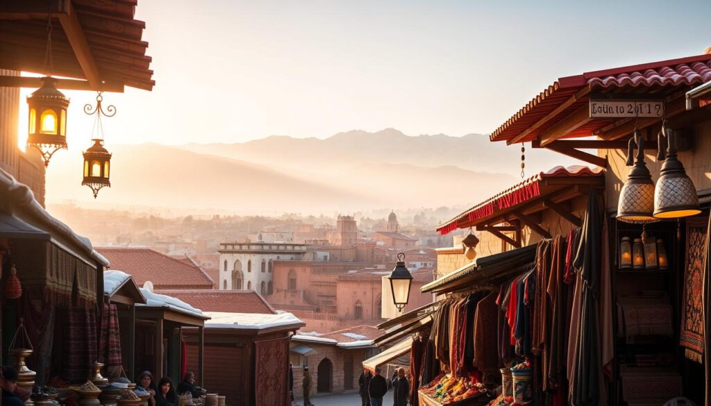 A winter landscape in northern Morocco, bathed in soft, warm sunlight. In the foreground, a bustling souk with merchants selling colorful spices, hand-woven rugs, and traditional lanterns. In the middle ground, the iconic red-tiled roofs and whitewashed buildings of an ancient medina, with the snow-capped Atlas Mountains rising majestically in the background. Atmospheric haze filters the light, creating a serene, dreamy atmosphere. MyVisitMorocco A winter landscape in northern Morocco, bathed in soft, warm sunlight. In the foreground, a bustling souk with merchants selling colorful spices, hand-woven rugs, and traditional lanterns. In the middle ground, the iconic red-tiled roofs and whitewashed buildings of an ancient medina, with the snow-capped Atlas Mountains rising majestically in the background. Atmospheric haze filters the light, creating a serene, dreamy atmosphere. MyVisitMorocco