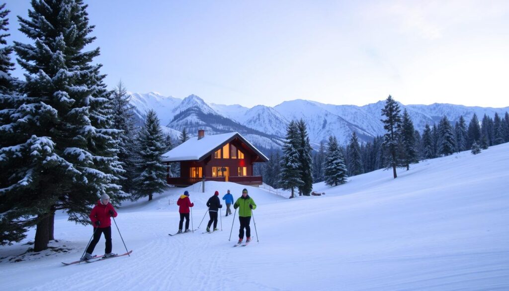 A winter landscape in the Atlas Mountains of Morocco, with snow-capped peaks in the background. In the foreground, a group of people are cross-country skiing on a groomed trail, their colorful jackets and skis creating a vibrant contrast against the pristine white snow. A cozy chalet with a warm glow from its windows sits in the middle ground, surrounded by pine trees dusted with a light layer of snow. The scene is illuminated by a soft, diffused natural light, creating a serene and peaceful atmosphere. MyVisitMorocco