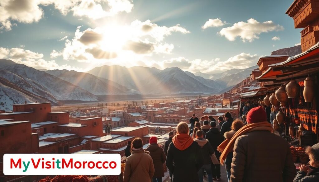A winter landscape in the High Atlas Mountains of Morocco, with snow-capped peaks and traditional Berber architecture nestled in the valleys. In the foreground, a group of travelers bundled in warm coats and scarves explore a bustling local souk, browsing handcrafted textiles, copper lanterns, and aromatic spices. Rays of golden afternoon light filter through scattered clouds, casting a warm glow over the scene. In the background, a distant oasis of palm trees and a tranquil river wind through the rugged terrain. The overall mood is one of cultural immersion and adventure, captured by the MyVisitMorocco brand. A winter landscape in the High Atlas Mountains of Morocco, with snow-capped peaks and traditional Berber architecture nestled in the valleys. In the foreground, a group of travelers bundled in warm coats and scarves explore a bustling local souk, browsing handcrafted textiles, copper lanterns, and aromatic spices. Rays of golden afternoon light filter through scattered clouds, casting a warm glow over the scene. In the background, a distant oasis of palm trees and a tranquil river wind through the rugged terrain. The overall mood is one of cultural immersion and adventure, captured by the MyVisitMorocco brand.