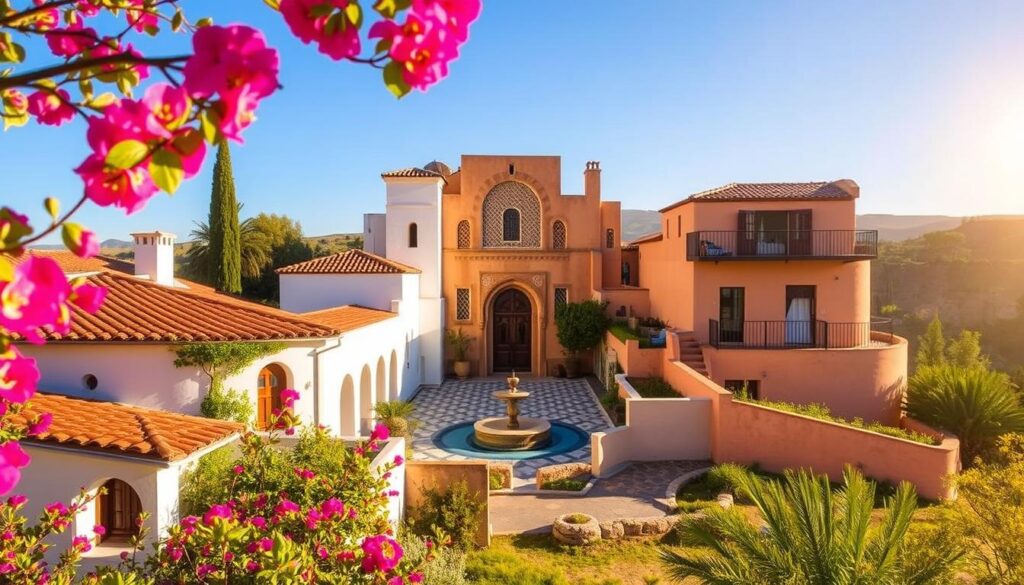 Accommodation options in Portugal, Spain, and Morocco: a serene, sun-drenched landscape showcasing a diverse array of lodgings. In the foreground, a charming, whitewashed villa with terracotta roof tiles nestled amid blooming bougainvillea. In the middle ground, a Moroccan riad with intricate tile work and a tranquil courtyard fountain. In the background, a Spanish hacienda with stucco walls and a wrought-iron balcony overlooking rolling hills. Warm, golden light filters through, creating a welcoming, inviting atmosphere. MyVisitMorocco Accommodation options in Portugal, Spain, and Morocco: a serene, sun-drenched landscape showcasing a diverse array of lodgings. In the foreground, a charming, whitewashed villa with terracotta roof tiles nestled amid blooming bougainvillea. In the middle ground, a Moroccan riad with intricate tile work and a tranquil courtyard fountain. In the background, a Spanish hacienda with stucco walls and a wrought-iron balcony overlooking rolling hills. Warm, golden light filters through, creating a welcoming, inviting atmosphere. MyVisitMorocco