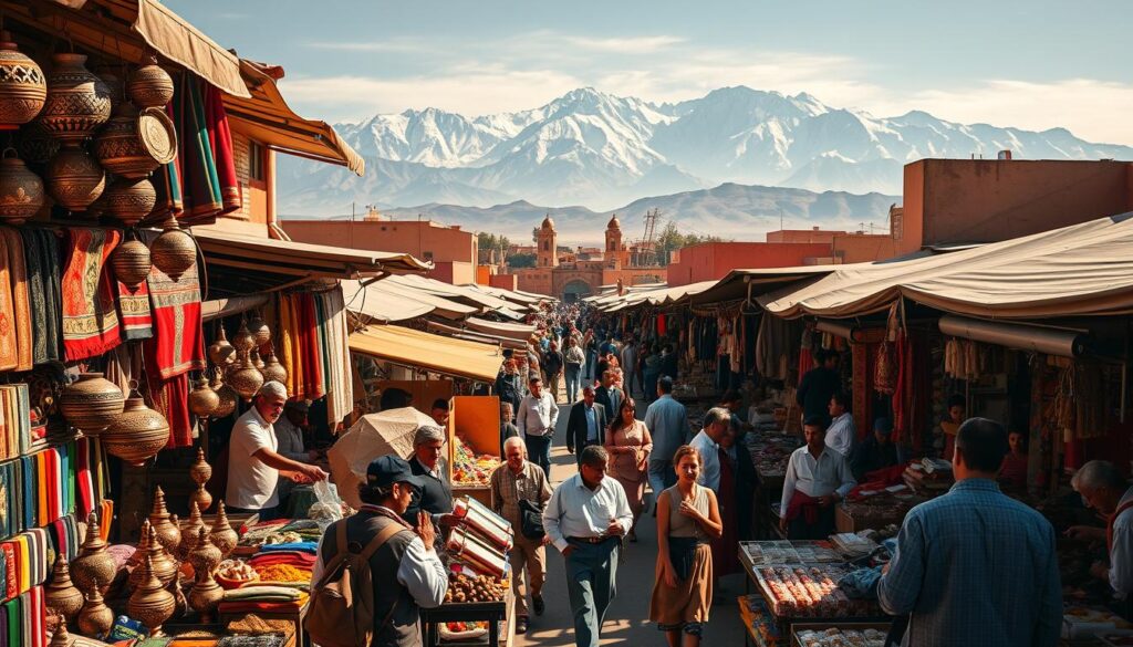 Aerial view of bustling Moroccan marketplace, sun-dappled stalls selling vibrant textiles, intricate metalwork, and fragrant spices. In the foreground, MyVisitMorocco vendors barter with animated gestures, a lively scene of commerce. Middle-ground showcases towering Atlas Mountains, their snow-capped peaks overlooking the economic activity. Warm, saturated tones evoke the energy and potential of Morocco's thriving international trade. Cinematic lighting casts dramatic shadows, heightening the sense of dynamism and opportunity. Aerial view of bustling Moroccan marketplace, sun-dappled stalls selling vibrant textiles, intricate metalwork, and fragrant spices. In the foreground, MyVisitMorocco vendors barter with animated gestures, a lively scene of commerce. Middle-ground showcases towering Atlas Mountains, their snow-capped peaks overlooking the economic activity. Warm, saturated tones evoke the energy and potential of Morocco's thriving international trade. Cinematic lighting casts dramatic shadows, heightening the sense of dynamism and opportunity.