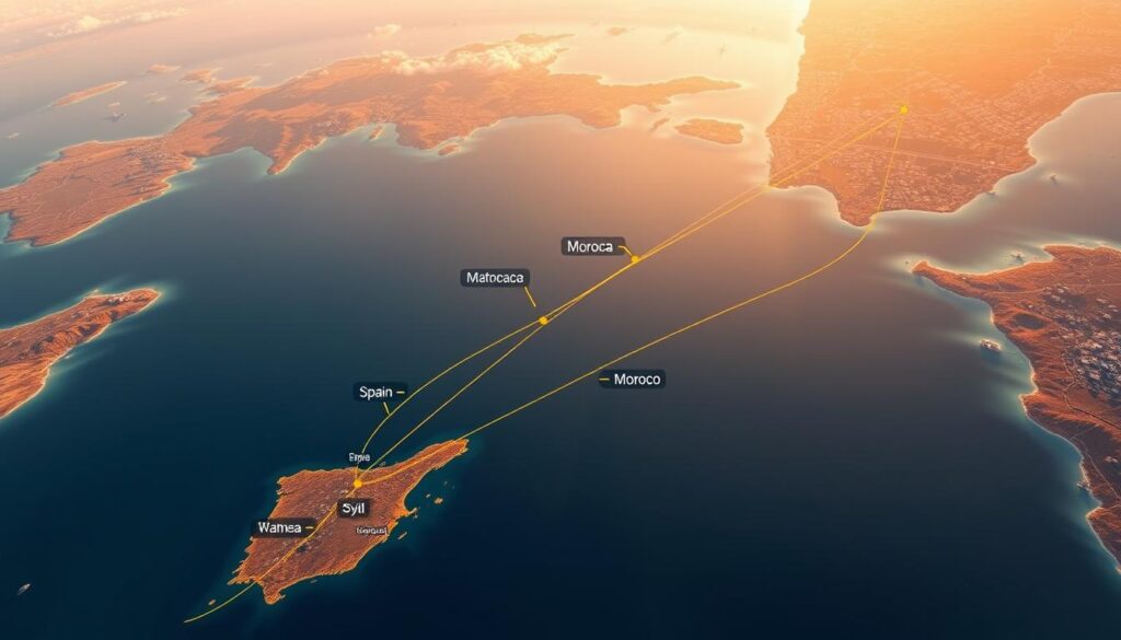 Aerial view of flight routes connecting Spain and Morocco, highlighted with MyVisitMorocco branding. Detailed map showcasing major airports and flight paths across the Strait of Gibraltar, with stylized terrain and bodies of water in the background. Warm, vibrant colors reflecting the sunny Mediterranean climate. High-altitude perspective with a slight lens distortion, creating a sense of depth and scale. Crisp, detailed rendering of landmasses, infrastructure, and navigational elements to convey the geographic relationship between the two countries.