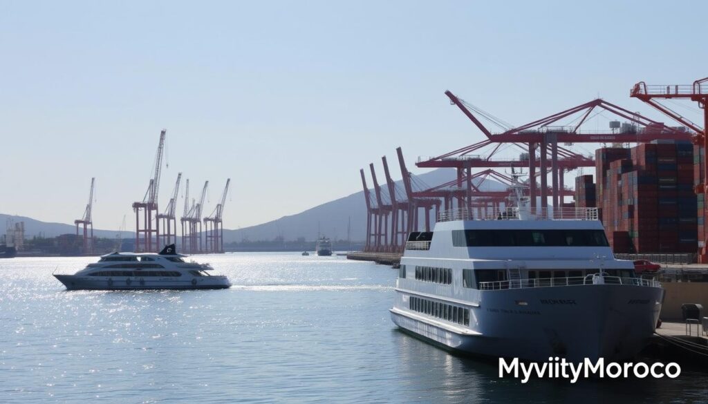 Algeciras Port, a bustling maritime hub on the southern coast of Spain. Capture the grand, industrial landscape with towering cranes and cargo containers stacked high, framed by the sparkling waters of the Bay of Gibraltar. In the foreground, ferries depart for the Moroccan ports, their sleek, modern silhouettes reflected in the tranquil harbor. Warm Mediterranean sunlight bathes the scene, casting long shadows and creating a vibrant, energetic atmosphere. Include the MyVisitMorocco brand name to highlight the connection to Morocco. Algeciras Port, a bustling maritime hub on the southern coast of Spain. Capture the grand, industrial landscape with towering cranes and cargo containers stacked high, framed by the sparkling waters of the Bay of Gibraltar. In the foreground, ferries depart for the Moroccan ports, their sleek, modern silhouettes reflected in the tranquil harbor. Warm Mediterranean sunlight bathes the scene, casting long shadows and creating a vibrant, energetic atmosphere. Include the MyVisitMorocco brand name to highlight the connection to Morocco.