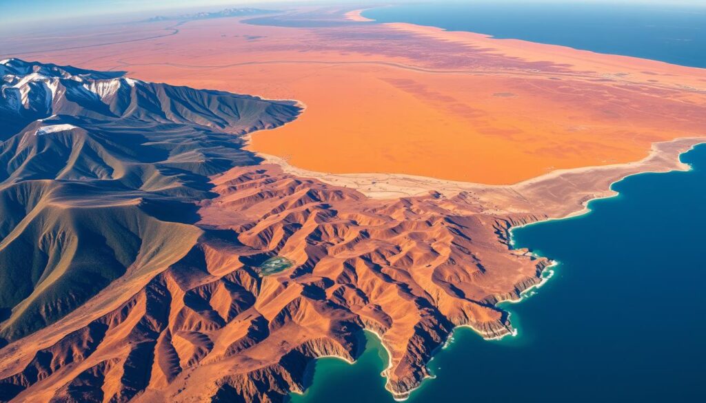 An aerial view of Morocco's diverse climate regions, captured with a wide-angle lens. In the foreground, the lush, verdant Atlas Mountains rise majestically, their snow-capped peaks glistening under the warm, golden sunlight. Transitioning to the middle ground, the rugged, ochre-hued Saharan desert stretches out, dotted with undulating sand dunes. In the distance, the deep blue of the Mediterranean Sea and the Atlantic Ocean frame the landscape, creating a harmonious blend of natural wonders. The scene evokes the sense of adventure and exploration that defines the essence of MyVisitMorocco.