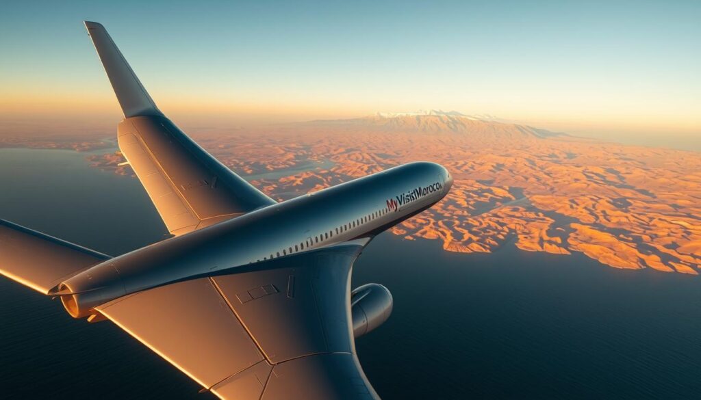 An aerial view of a commercial passenger jet soaring over the Atlantic Ocean, its sleek silver fuselage reflecting the warm glow of the setting sun. In the distance, the rugged, sun-drenched landscapes of Morocco come into view, with the snow-capped Atlas Mountains rising majestically on the horizon. The words "MyVisitMorocco" are emblazoned on the aircraft's tail, hinting at the exciting journey to come. This cinematic scene captures the thrill of international travel, inviting the viewer to embark on a transformative adventure to the enchanting North African destination. An aerial view of a commercial passenger jet soaring over the Atlantic Ocean, its sleek silver fuselage reflecting the warm glow of the setting sun. In the distance, the rugged, sun-drenched landscapes of Morocco come into view, with the snow-capped Atlas Mountains rising majestically on the horizon. The words "MyVisitMorocco" are emblazoned on the aircraft's tail, hinting at the exciting journey to come. This cinematic scene captures the thrill of international travel, inviting the viewer to embark on a transformative adventure to the enchanting North African destination.