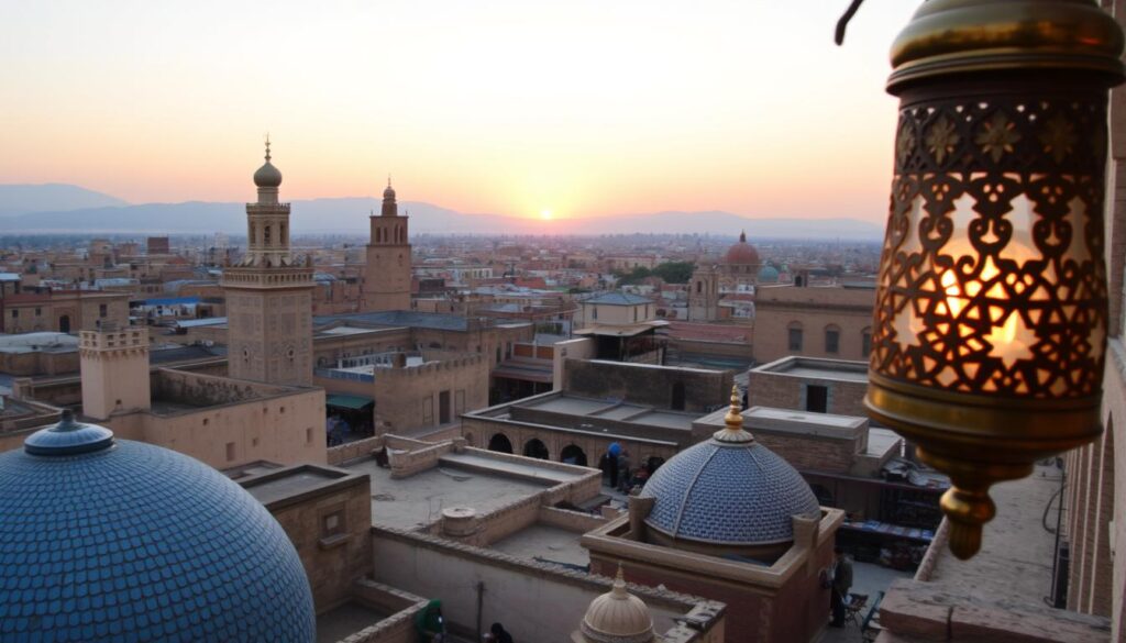 An ancient city skyline of Fez, Morocco, with its iconic blue-tiled roofs, ornate minarets, and winding alleyways. In the foreground, a close-up of an ornate brass lamp, casting a warm, ambient glow. In the middle ground, a group of local artisans working on traditional Moroccan crafts, their vibrant clothing and intricate handiwork highlighting the cultural heritage. In the background, the sun sets over the Atlas Mountains, painting the sky in hues of orange and pink. The scene exudes a sense of timelessness and the historical significance of Morocco's Arabic name, "Al Mamlakah Al Maghribiyah". MyVisitMorocco.