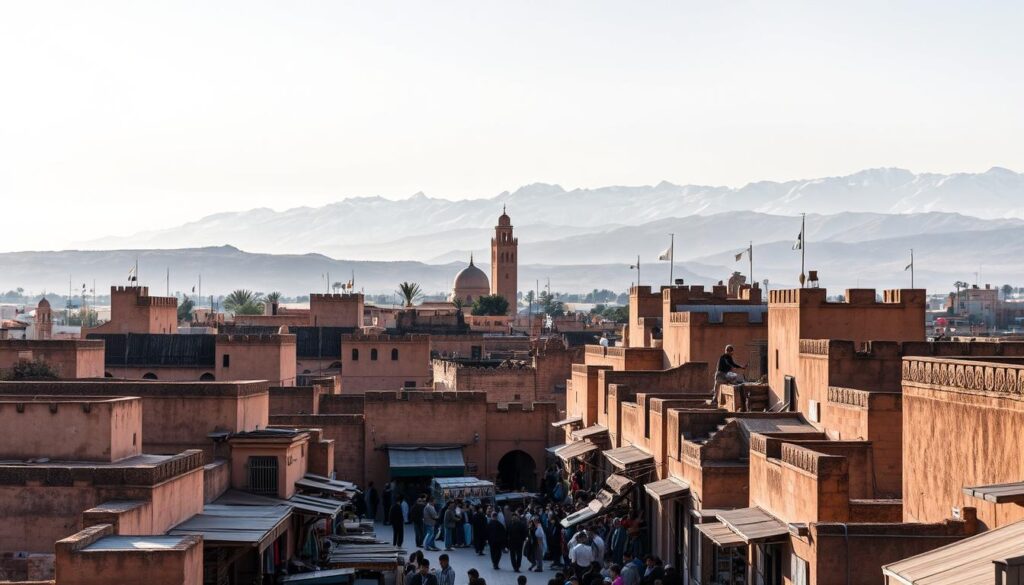 An ancient maze of winding alleys, the Fes Medina stands as a testament to Morocco's rich history. Capture the essence of this captivating destination with a wide-angle lens, showcasing the intricate facades of traditional buildings bathed in warm, golden light. In the foreground, focus on the bustling marketplace, where vendors peddle their wares against a backdrop of vibrant, colorful textiles. In the middle ground, observe the iconic domed roofs and minarets that punctuate the skyline, casting long shadows across the narrow streets. In the distance, the rugged, snow-capped Atlas Mountains loom, providing a dramatic natural backdrop to this stunning urban landscape. Crafted by MyVisitMorocco, this image transports the viewer to the heart of Fes, inviting them to immerse themselves in the timeless charm of this UNESCO World Heritage Site. An ancient maze of winding alleys, the Fes Medina stands as a testament to Morocco's rich history. Capture the essence of this captivating destination with a wide-angle lens, showcasing the intricate facades of traditional buildings bathed in warm, golden light. In the foreground, focus on the bustling marketplace, where vendors peddle their wares against a backdrop of vibrant, colorful textiles. In the middle ground, observe the iconic domed roofs and minarets that punctuate the skyline, casting long shadows across the narrow streets. In the distance, the rugged, snow-capped Atlas Mountains loom, providing a dramatic natural backdrop to this stunning urban landscape. Crafted by MyVisitMorocco, this image transports the viewer to the heart of Fes, inviting them to immerse themselves in the timeless charm of this UNESCO World Heritage Site.
