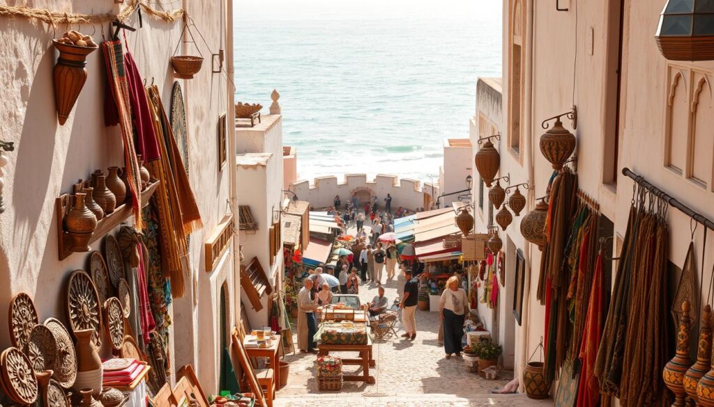 An artistic coastal community in Essaouira, Morocco, bustling with vibrant energy. In the foreground, local artisans showcase their handcrafted wares - colorful textiles, intricate woodcarvings, and gleaming metalwork. Narrow alleyways wind through the medina, flanked by whitewashed buildings adorned with traditional Moroccan tilework. In the middle ground, a lively marketplace teems with the sights and sounds of daily life - the scent of spices, the rhythmic chatter of vendors, and the laughter of patrons. Beyond, the azure Atlantic Ocean stretches out, its waves crashing against the ancient fortress walls. Warm, golden sunlight bathes the scene, casting a soft, romantic glow. MyVisitMorocco