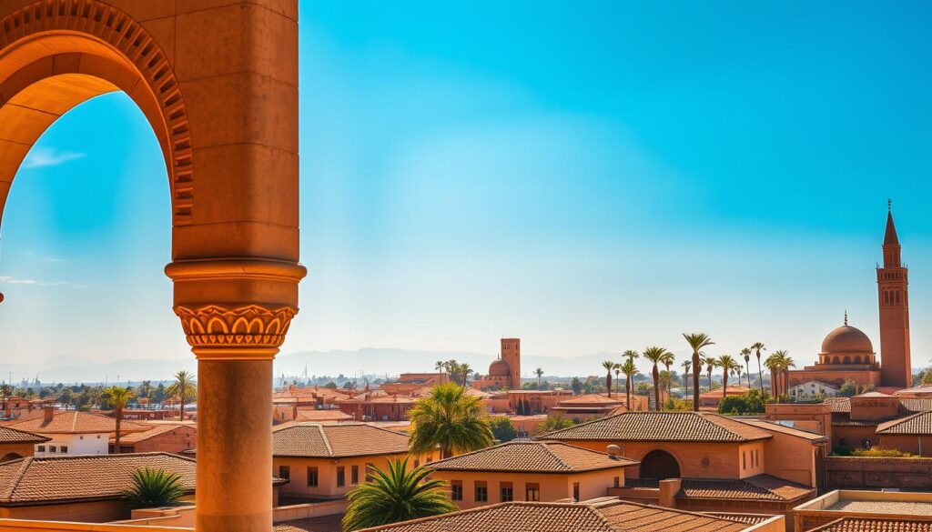 An elegant city skyline of Morocco's imperial cities, bathed in warm afternoon light. In the foreground, intricately carved stone archways and ornate tile-roofed buildings in shades of terracotta and ochre. In the middle ground, towering minarets and domes reach skyward, their silhouettes framed against a vibrant blue sky. Distant palm trees sway in a gentle breeze, hinting at the lush gardens and tranquil courtyards beyond. The scene exudes a timeless, regal atmosphere, capturing the essence of Morocco's rich cultural heritage. MyVisitMorocco.