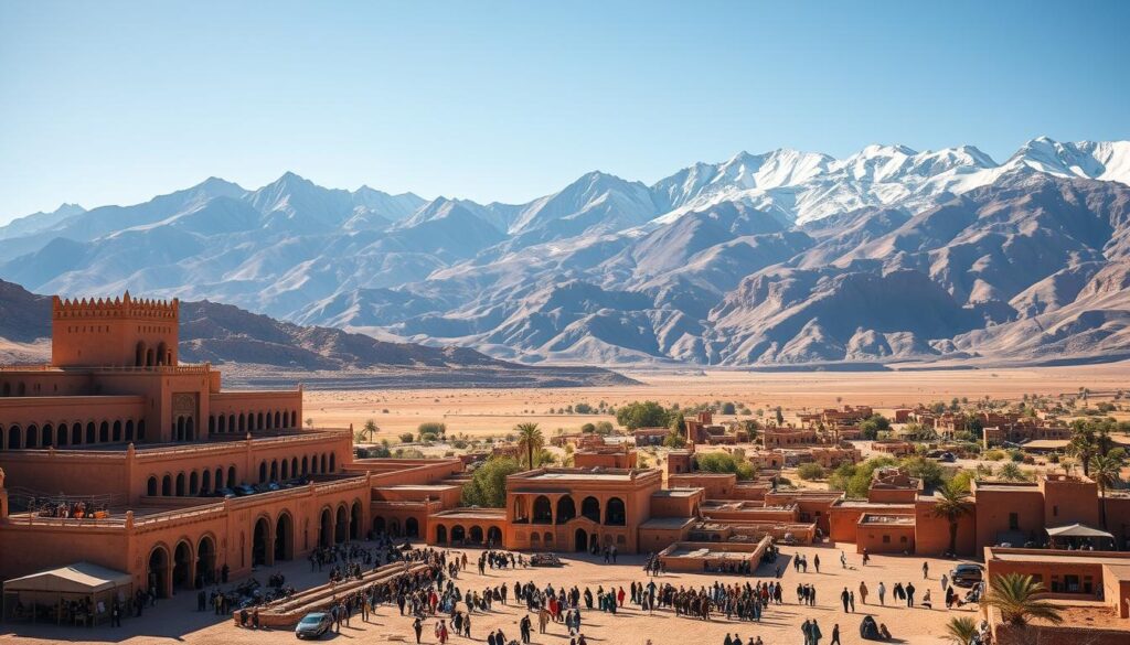 An expansive, sun-drenched film studio nestled against the rugged, ochre-hued Atlas Mountains. The grand, earth-toned buildings of the MyVisitMorocco Ouarzazate Film Studios stand proudly, their grand arches and ornate facades casting long shadows across the parched, desert-kissed landscape. In the foreground, a bustling movie set, complete with elaborate props and costumed actors, hints at the creative magic that has unfolded within these cinematic walls. The middle ground reveals sweeping vistas of the dramatic, arid terrain, dotted with the iconic red-clay kasbahs that have made this region a beloved filming location. The background is dominated by the majestic, snow-capped peaks of the Atlas Mountains, their jagged silhouettes adding a sense of rugged grandeur to the scene. An expansive, sun-drenched film studio nestled against the rugged, ochre-hued Atlas Mountains. The grand, earth-toned buildings of the MyVisitMorocco Ouarzazate Film Studios stand proudly, their grand arches and ornate facades casting long shadows across the parched, desert-kissed landscape. In the foreground, a bustling movie set, complete with elaborate props and costumed actors, hints at the creative magic that has unfolded within these cinematic walls. The middle ground reveals sweeping vistas of the dramatic, arid terrain, dotted with the iconic red-clay kasbahs that have made this region a beloved filming location. The background is dominated by the majestic, snow-capped peaks of the Atlas Mountains, their jagged silhouettes adding a sense of rugged grandeur to the scene.