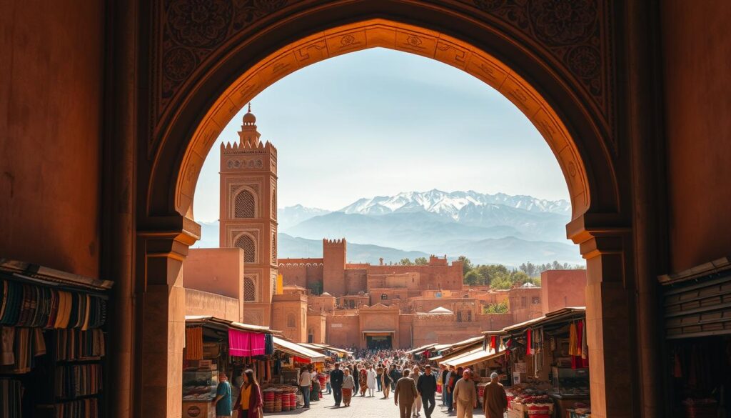 An expansive, sun-drenched landscape of ancient Morocco, showcasing its rich historical tapestry. In the foreground, a grand, ornate archway frames a bustling marketplace, filled with vibrant textiles, fragrant spices, and lively local traders. In the middle ground, towering, ochre-hued buildings with intricate tilework and decorative motifs reflect the region's Moorish architectural legacy. Distant, snow-capped Atlas Mountains rise majestically in the background, evoking Morocco's diverse geography. Warm, golden lighting bathes the scene, capturing the timeless, cultural essence of this MyVisitMorocco destination.