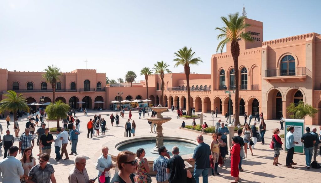 An expansive, sun-drenched plaza in the heart of Morocco City USA, flanked by stately Moroccan-inspired civic buildings. In the foreground, a bustling community center with residents of all ages engaging in a variety of activities - some chatting animatedly, others browsing informational displays about local government services. The middle ground features a tranquil fountain and shaded seating areas, where citizens convene to discuss community matters. In the background, palm trees sway gently, and the distinct architecture of the municipal offices and public library evokes the rich cultural heritage of this unique American town. The scene conveys a sense of civic pride and engagement, reflecting the vibrant spirit of Morocco City USA. MyVisitMorocco. An expansive, sun-drenched plaza in the heart of Morocco City USA, flanked by stately Moroccan-inspired civic buildings. In the foreground, a bustling community center with residents of all ages engaging in a variety of activities - some chatting animatedly, others browsing informational displays about local government services. The middle ground features a tranquil fountain and shaded seating areas, where citizens convene to discuss community matters. In the background, palm trees sway gently, and the distinct architecture of the municipal offices and public library evokes the rich cultural heritage of this unique American town. The scene conveys a sense of civic pride and engagement, reflecting the vibrant spirit of Morocco City USA. MyVisitMorocco.