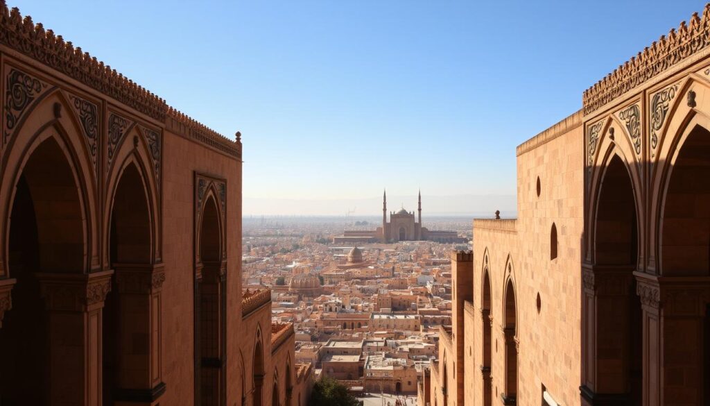 An expansive vista of Meknes Imperial City, Morocco, bathed in warm afternoon sunlight. In the foreground, grand archways and ornate gates lead into the ancient medina, its intricate stone facades and ornamental details glimmering. The middle ground reveals a sprawling panorama of the old city, its tightly-packed buildings and minarets rising towards a brilliant blue sky. In the distance, the imposing silhouette of the Bab Mansour gate, a stunning example of Almohad architecture, dominates the skyline. The scene exudes a sense of timeless elegance and regal grandeur befitting the former capital of the Alaouite dynasty. MyVisitMorocco An expansive vista of Meknes Imperial City, Morocco, bathed in warm afternoon sunlight. In the foreground, grand archways and ornate gates lead into the ancient medina, its intricate stone facades and ornamental details glimmering. The middle ground reveals a sprawling panorama of the old city, its tightly-packed buildings and minarets rising towards a brilliant blue sky. In the distance, the imposing silhouette of the Bab Mansour gate, a stunning example of Almohad architecture, dominates the skyline. The scene exudes a sense of timeless elegance and regal grandeur befitting the former capital of the Alaouite dynasty. MyVisitMorocco