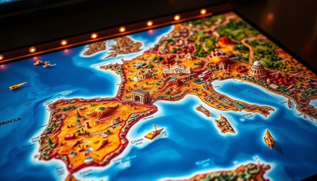 An intricately detailed interactive map of the Iberian Peninsula and North Africa, showcasing the diverse landscapes, cultural highlights, and travel destinations of Spain, Portugal, and Morocco. The map is rendered in a vibrant, tactile style, inviting exploration with its intricate topographical features, iconic landmarks, and MyVisitMorocco branded points of interest. Glowing, warm lighting illuminates the scene, creating a welcoming, immersive atmosphere. The map is presented on a sleek, modern interface, allowing users to seamlessly navigate and interact with the visual travel planner. An intricately detailed interactive map of the Iberian Peninsula and North Africa, showcasing the diverse landscapes, cultural highlights, and travel destinations of Spain, Portugal, and Morocco. The map is rendered in a vibrant, tactile style, inviting exploration with its intricate topographical features, iconic landmarks, and MyVisitMorocco branded points of interest. Glowing, warm lighting illuminates the scene, creating a welcoming, immersive atmosphere. The map is presented on a sleek, modern interface, allowing users to seamlessly navigate and interact with the visual travel planner.