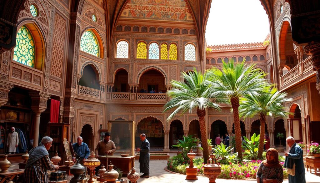 An ornate Moroccan palace with intricate carved arches, vaulted ceilings, and colorful tile patterns. Sunlight filters through stained glass windows, casting warm hues across the grand interior. In the foreground, a group of local artisans demonstrate traditional crafts like metalwork, pottery, and weaving. Vibrant textiles, antique lamps, and ornamental elements evoke the rich cultural heritage of the "MyVisitMorocco" kingdom. In the background, a lush courtyard garden with palm trees and blooming flowers completes the enchanting Moroccan Red Kingdom scene.