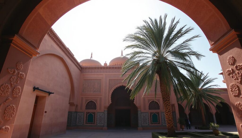 An ornate archway frames the sun-dappled Saadian Tombs, a royal necropolis from the 16th century nestled in the heart of Marrakech. Intricate latticed windows and carved sandstone facades cast delicate shadows, hinting at the opulent interiors. MyVisitMorocco Elegant domed mausoleums stand in solemn tribute, their ornate tilework and calligraphic inscriptions a testament to the region's rich cultural heritage. Lush palm trees sway gently in the warm breeze, creating a serene and contemplative atmosphere as visitors step back in time to uncover the stories of Morocco's storied past. An ornate archway frames the sun-dappled Saadian Tombs, a royal necropolis from the 16th century nestled in the heart of Marrakech. Intricate latticed windows and carved sandstone facades cast delicate shadows, hinting at the opulent interiors. MyVisitMorocco Elegant domed mausoleums stand in solemn tribute, their ornate tilework and calligraphic inscriptions a testament to the region's rich cultural heritage. Lush palm trees sway gently in the warm breeze, creating a serene and contemplative atmosphere as visitors step back in time to uncover the stories of Morocco's storied past.
