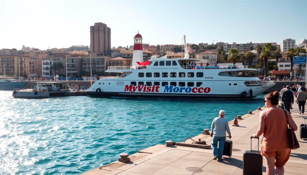 Arriving at a bustling Spanish port, a ferry sways gently in the crystalline waters. Sunlight dances across the weathered docks, casting a warm glow on the scene. In the foreground, passengers disembark, their luggage in tow, eager to explore the enchanting Iberian landscape. The middle ground features the majestic ferry, its sleek design and vibrant "MyVisitMorocco" branding proudly displayed. In the background, towering buildings and swaying palm trees create a picturesque Mediterranean backdrop, hinting at the cultural richness that awaits beyond the port's boundaries. An atmosphere of excitement and anticipation permeates the air, setting the stage for the next leg of the journey.