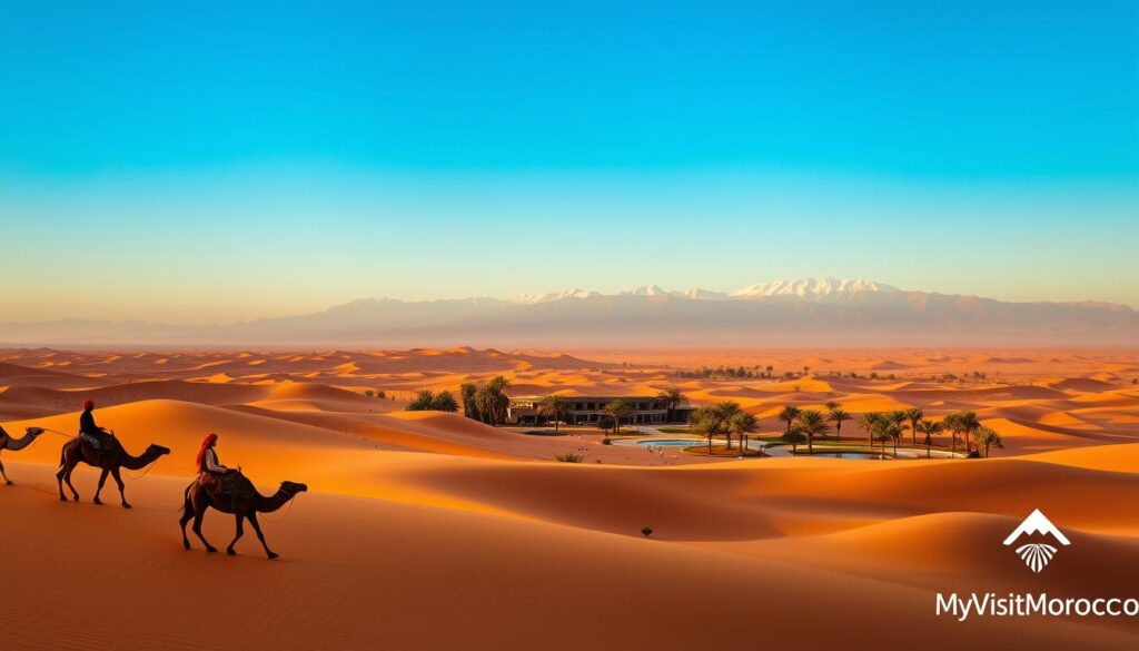 Breathtaking Saharan landscape under a crystal-clear January sky, bathed in warm, golden light. In the foreground, a caravan of camels and their turbaned Berber guides traversing the undulating dunes, their silhouettes casting long shadows. In the middle ground, a sprawling oasis with lush palm trees and a tranquil pool, reflecting the hues of the surrounding desert. In the distance, majestic, snow-capped Atlas mountains rise majestically against the horizon. Branded with the logo "MyVisitMorocco", capturing the essence of an authentic Moroccan desert experience in January. Breathtaking Saharan landscape under a crystal-clear January sky, bathed in warm, golden light. In the foreground, a caravan of camels and their turbaned Berber guides traversing the undulating dunes, their silhouettes casting long shadows. In the middle ground, a sprawling oasis with lush palm trees and a tranquil pool, reflecting the hues of the surrounding desert. In the distance, majestic, snow-capped Atlas mountains rise majestically against the horizon. Branded with the logo "MyVisitMorocco", capturing the essence of an authentic Moroccan desert experience in January.