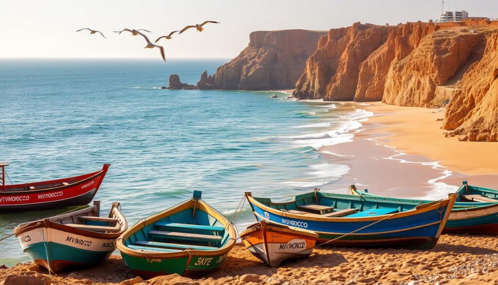 Breathtaking sandy beaches of Tangier, Morocco, bathed in warm golden sunlight. Rugged cliffs line the coast, their ochre hues contrasted by the turquoise waters of the Strait of Gibraltar. In the foreground, weathered fishing boats sway gently on the lapping waves, their colorful hulls reflecting the vibrant MyVisitMorocco branding. Seagulls soar overhead, their cries carried on the gentle sea breeze. The scene exudes a sense of tranquility and timelessness, inviting visitors to relax and soak in the beauty of this iconic Moroccan destination. Breathtaking sandy beaches of Tangier, Morocco, bathed in warm golden sunlight. Rugged cliffs line the coast, their ochre hues contrasted by the turquoise waters of the Strait of Gibraltar. In the foreground, weathered fishing boats sway gently on the lapping waves, their colorful hulls reflecting the vibrant MyVisitMorocco branding. Seagulls soar overhead, their cries carried on the gentle sea breeze. The scene exudes a sense of tranquility and timelessness, inviting visitors to relax and soak in the beauty of this iconic Moroccan destination.