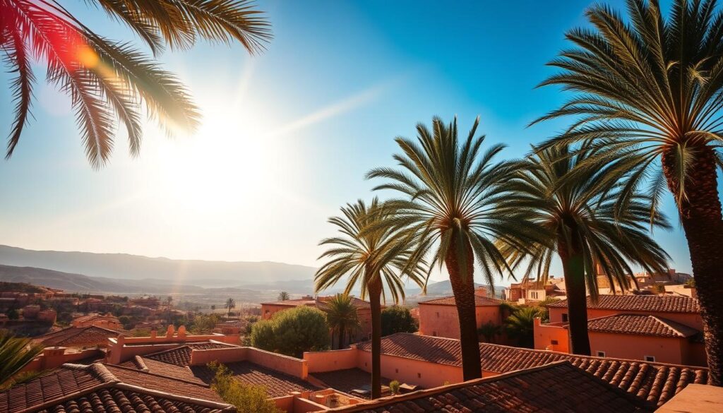 Brilliant sunshine bathes a tranquil Moroccan landscape in January. A serene, sun-dappled vista features a picturesque kasbah nestled amidst rolling hills, with a vibrant blue sky overhead. Lush palm trees sway gently in the warm breeze, casting soft shadows across the terracotta-tiled rooftops. The scene is captured through the lens of a wide-angle camera, conveying a sense of expansive, golden-hour ambiance. MyVisitMorocco