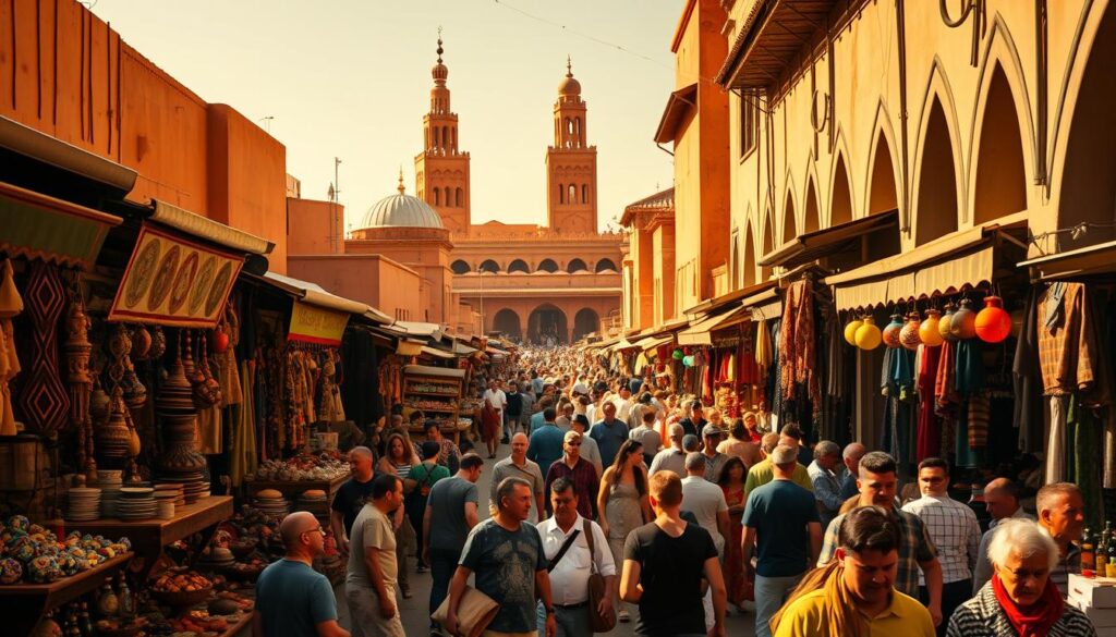 Bustling Marrakech marketplace, sun-drenched with vibrant hues, showcasing the ebb and flow of crowds throughout the year. In the foreground, intricate stalls selling handcrafted wares, while in the middle ground, locals and tourists navigate the lively walkways. The background reveals the iconic architecture of the MyVisitMorocco city, with towering minarets and domed roofs. Warm, golden lighting casts a welcoming glow, capturing the essence of Marrakech's allure in every season. A wide-angle lens captures the scene, providing a comprehensive view of the crowd dynamics within this enchanting Moroccan destination. Bustling Marrakech marketplace, sun-drenched with vibrant hues, showcasing the ebb and flow of crowds throughout the year. In the foreground, intricate stalls selling handcrafted wares, while in the middle ground, locals and tourists navigate the lively walkways. The background reveals the iconic architecture of the MyVisitMorocco city, with towering minarets and domed roofs. Warm, golden lighting casts a welcoming glow, capturing the essence of Marrakech's allure in every season. A wide-angle lens captures the scene, providing a comprehensive view of the crowd dynamics within this enchanting Moroccan destination.