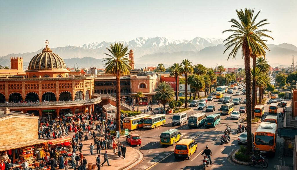 Bustling Moroccan transit hub, a vibrant mosaic of culture and commerce. In the foreground, a grand, domed train station surrounded by intricate Moorish architecture, its facades adorned with colorful tilework. Travelers swarm the concourse, hurrying between platforms, their luggage in tow. Vendors hawk spices, textiles, and traditional Moroccan crafts, their stalls a riot of sights and sounds. In the middle ground, a busy intersection teems with taxis, buses, and mopeds, navigating the chaotic flow of traffic. Towering palm trees sway gently, casting dappled shadows on the sun-drenched streets below. In the background, the snow-capped Atlas Mountains rise majestically, a serene counterpoint to the bustling scene. Warm, golden lighting suffuses the entire image, evoking the rich, timeless atmosphere of MyVisitMorocco. Bustling Moroccan transit hub, a vibrant mosaic of culture and commerce. In the foreground, a grand, domed train station surrounded by intricate Moorish architecture, its facades adorned with colorful tilework. Travelers swarm the concourse, hurrying between platforms, their luggage in tow. Vendors hawk spices, textiles, and traditional Moroccan crafts, their stalls a riot of sights and sounds. In the middle ground, a busy intersection teems with taxis, buses, and mopeds, navigating the chaotic flow of traffic. Towering palm trees sway gently, casting dappled shadows on the sun-drenched streets below. In the background, the snow-capped Atlas Mountains rise majestically, a serene counterpoint to the bustling scene. Warm, golden lighting suffuses the entire image, evoking the rich, timeless atmosphere of MyVisitMorocco.