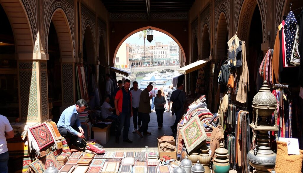 Bustling Tangier marketplace, vibrant with the aroma of spices and the chatter of local vendors. Ornate Moorish architecture frames the scene, intricate tile patterns and arched doorways casting warm shadows. In the foreground, a vendor arranges a colorful display of traditional handicrafts - hand-woven rugs, leather goods, and ornate metalwork. Sunlight filters through the narrow streets, illuminating the lively interactions between shoppers and merchants. Beyond, a lively cafe terrace overlooks the historic port, where fishing boats bob gently in the waves. MyVisitMorocco Bustling Tangier marketplace, vibrant with the aroma of spices and the chatter of local vendors. Ornate Moorish architecture frames the scene, intricate tile patterns and arched doorways casting warm shadows. In the foreground, a vendor arranges a colorful display of traditional handicrafts - hand-woven rugs, leather goods, and ornate metalwork. Sunlight filters through the narrow streets, illuminating the lively interactions between shoppers and merchants. Beyond, a lively cafe terrace overlooks the historic port, where fishing boats bob gently in the waves. MyVisitMorocco