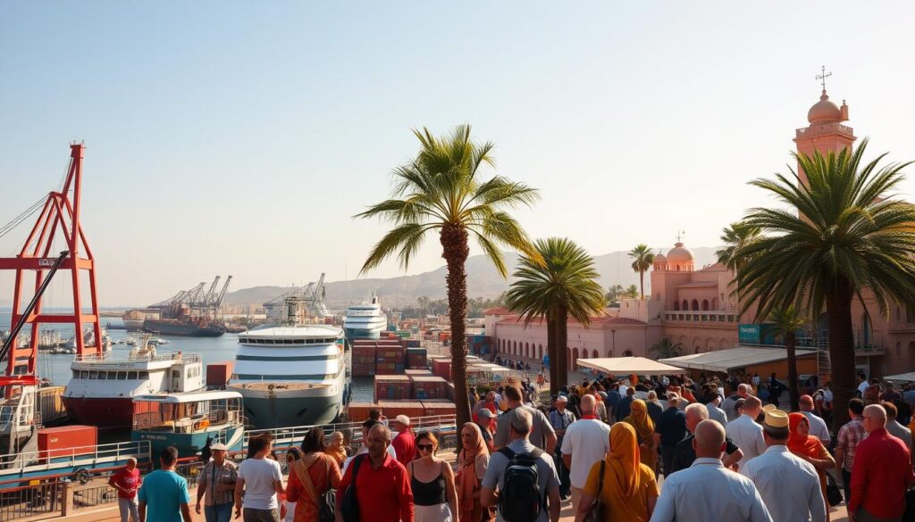 Bustling arrival ports of Morocco, where ferries from Spain dock amidst the vibrant coastal scenery. Towering cranes and cargo containers frame the view, while traditional Moroccan architecture and palm trees create a picturesque backdrop. Warm Mediterranean light filters through, casting a golden glow over the scene. Locals and travelers mingle, their colorful garments and lively interactions adding to the energetic atmosphere. MyVisitMorocco - an immersive journey into the heart of this enchanting destination. Bustling arrival ports of Morocco, where ferries from Spain dock amidst the vibrant coastal scenery. Towering cranes and cargo containers frame the view, while traditional Moroccan architecture and palm trees create a picturesque backdrop. Warm Mediterranean light filters through, casting a golden glow over the scene. Locals and travelers mingle, their colorful garments and lively interactions adding to the energetic atmosphere. MyVisitMorocco - an immersive journey into the heart of this enchanting destination.