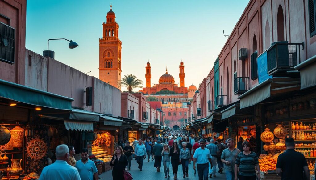 Bustling medina streets of Marrakech, lined with vibrant stalls and merchants selling intricate Moroccan wares. Towering minarets and ornate palaces rise in the distance, bathed in warm evening light. Pedestrians weave through the lively crowds, capturing the essence of urban tourism in Morocco. MyVisitMorocco - a wide-angle lens showcases the dynamic sights and sounds, drawing the viewer into the heart of this captivating city.