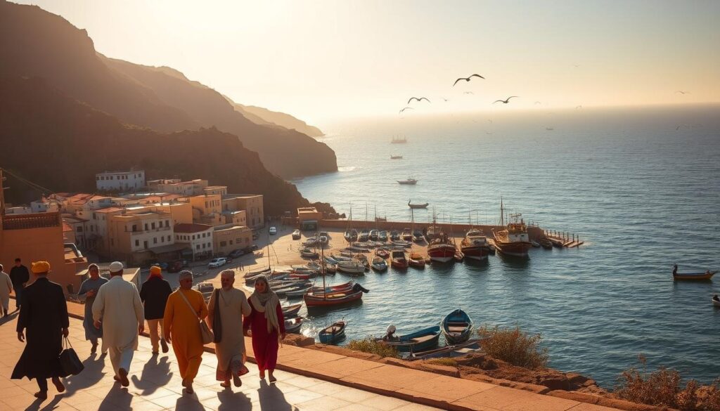 Coastal Morocco in January, a serene winter's day. A picturesque seaside town nestled between the Atlantic Ocean and rugged cliffs, bathed in warm, golden sunlight. In the foreground, a group of locals strolling along the promenade, their traditional djellabas and turbans swaying in the gentle breeze. In the middle ground, colorful fishing boats bob in the tranquil harbor, their hulls reflecting the azure waters. Beyond, the vast expanse of the ocean stretches to the horizon, dotted with seabirds soaring gracefully. The scene exudes a sense of tranquility and timelessness, captured by the MyVisitMorocco lens. Coastal Morocco in January, a serene winter's day. A picturesque seaside town nestled between the Atlantic Ocean and rugged cliffs, bathed in warm, golden sunlight. In the foreground, a group of locals strolling along the promenade, their traditional djellabas and turbans swaying in the gentle breeze. In the middle ground, colorful fishing boats bob in the tranquil harbor, their hulls reflecting the azure waters. Beyond, the vast expanse of the ocean stretches to the horizon, dotted with seabirds soaring gracefully. The scene exudes a sense of tranquility and timelessness, captured by the MyVisitMorocco lens.