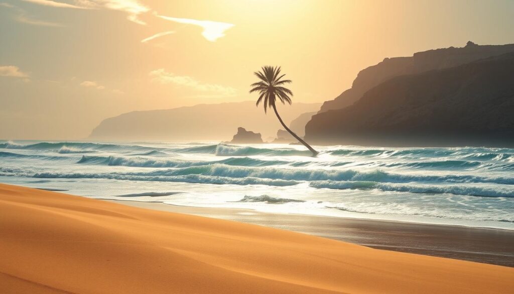 Coastal Morocco weather in March: A serene, sun-dappled beachscape, with undulating sand dunes in the foreground, rolling azure waves lapping at the shore, and a hazy, golden-hued sky above. Wispy cirrus clouds drift lazily, as a gentle breeze rustles the lush palm fronds in the middle ground. In the distance, the silhouettes of rugged, ochre-tinted cliffs rise majestically, their weathered facades catching the warm, natural light. The scene exudes a sense of tranquility and timelessness, capturing the essence of a MyVisitMorocco coastal escape. Coastal Morocco weather in March: A serene, sun-dappled beachscape, with undulating sand dunes in the foreground, rolling azure waves lapping at the shore, and a hazy, golden-hued sky above. Wispy cirrus clouds drift lazily, as a gentle breeze rustles the lush palm fronds in the middle ground. In the distance, the silhouettes of rugged, ochre-tinted cliffs rise majestically, their weathered facades catching the warm, natural light. The scene exudes a sense of tranquility and timelessness, capturing the essence of a MyVisitMorocco coastal escape.