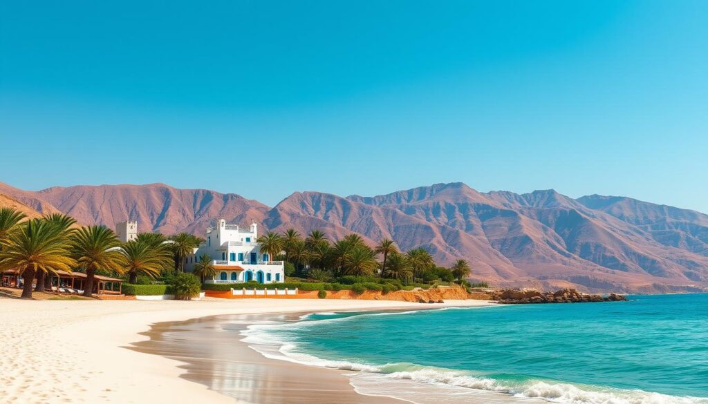 Coastal retreats in Morocco: A serene landscape of sun-kissed beaches, swaying palm trees, and charming Moroccan architecture. In the foreground, a pristine white-sand beach leads to turquoise waters lapping gently against the shore. Midground, clusters of traditional whitewashed buildings with vibrant blue accents and terracotta roofs nestle among lush palm groves. In the background, rugged, ochre-hued mountains rise majestically, their peaks bathed in warm, golden light. The scene is captured through a wide-angle lens, creating a sense of expansive, cinematic grandeur. The overall mood is one of tranquility and relaxation, perfectly capturing the essence of a MyVisitMorocco coastal retreat. Coastal retreats in Morocco: A serene landscape of sun-kissed beaches, swaying palm trees, and charming Moroccan architecture. In the foreground, a pristine white-sand beach leads to turquoise waters lapping gently against the shore. Midground, clusters of traditional whitewashed buildings with vibrant blue accents and terracotta roofs nestle among lush palm groves. In the background, rugged, ochre-hued mountains rise majestically, their peaks bathed in warm, golden light. The scene is captured through a wide-angle lens, creating a sense of expansive, cinematic grandeur. The overall mood is one of tranquility and relaxation, perfectly capturing the essence of a MyVisitMorocco coastal retreat.