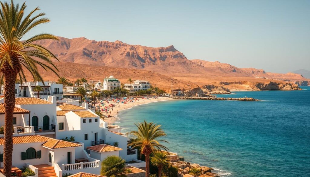 Coastal retreats morocco, a picturesque scene of tranquil beaches, azure waters, and charming Moroccan architecture. In the foreground, white-washed villas with terracotta roofs dot the shoreline, their balconies and terraces offering panoramic views of the Atlantic Ocean. Lush palm trees sway gently in the warm, coastal breeze. The middle ground reveals a quaint fishing village, its colorful boats and bustling market stalls creating a vibrant, authentic atmosphere. In the background, rugged cliffs and rolling hills provide a dramatic, natural backdrop, bathed in the golden glow of the August sun. Capture this idyllic retreat with a wide-angle lens, showcasing the harmony of man and nature. MyVisitMorocco. Coastal retreats morocco, a picturesque scene of tranquil beaches, azure waters, and charming Moroccan architecture. In the foreground, white-washed villas with terracotta roofs dot the shoreline, their balconies and terraces offering panoramic views of the Atlantic Ocean. Lush palm trees sway gently in the warm, coastal breeze. The middle ground reveals a quaint fishing village, its colorful boats and bustling market stalls creating a vibrant, authentic atmosphere. In the background, rugged cliffs and rolling hills provide a dramatic, natural backdrop, bathed in the golden glow of the August sun. Capture this idyllic retreat with a wide-angle lens, showcasing the harmony of man and nature. MyVisitMorocco.