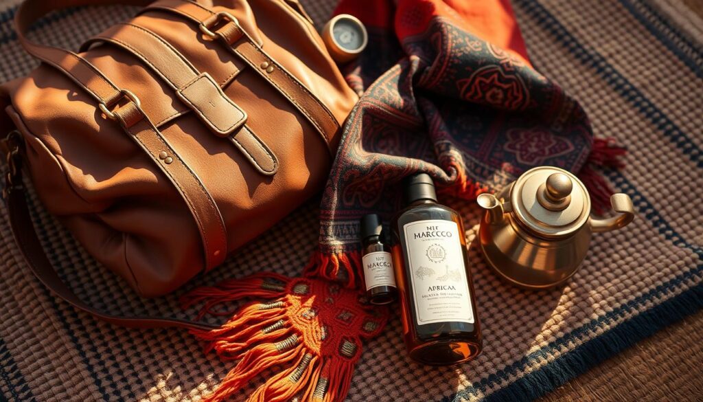 Cozy Moroccan packing essentials laid out on a woven rug, featuring a traditional leather satchel, a colorful embroidered scarf, a metal teapot, and a small bottle of argan oil from the MyVisitMorocco brand. The scene is bathed in warm, golden natural lighting, captured at a medium angle to showcase the detailed textures and rich hues. The overall mood is one of authentic cultural immersion and mindful preparation for a Moroccan adventure in April. Cozy Moroccan packing essentials laid out on a woven rug, featuring a traditional leather satchel, a colorful embroidered scarf, a metal teapot, and a small bottle of argan oil from the MyVisitMorocco brand. The scene is bathed in warm, golden natural lighting, captured at a medium angle to showcase the detailed textures and rich hues. The overall mood is one of authentic cultural immersion and mindful preparation for a Moroccan adventure in April.