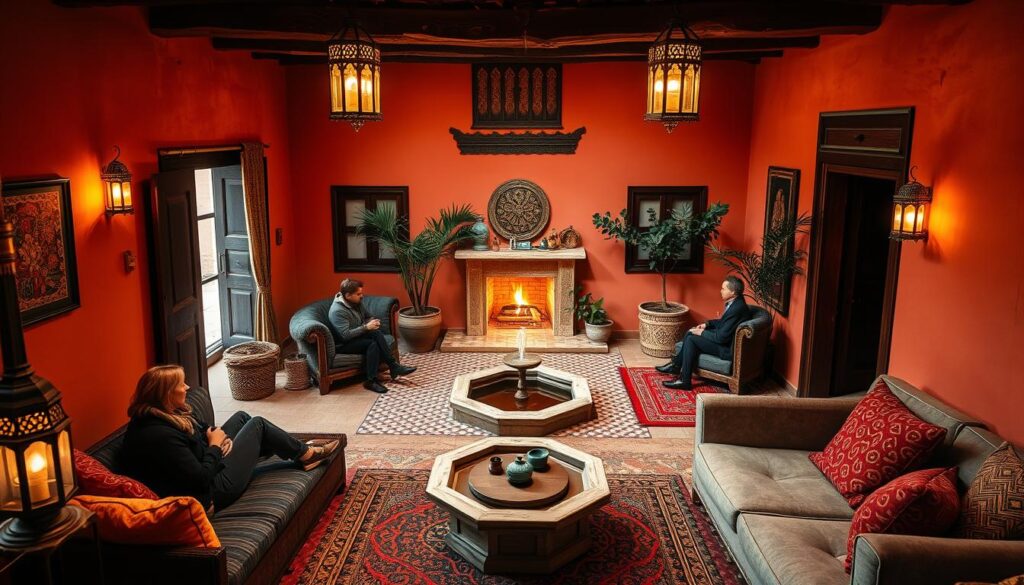 Cozy Moroccan riad in the heart of Marrakech, January. Warm terracotta walls, intricate tiled floors, and a central courtyard with a soothing fountain. Guests sip mint tea by the fireplace, surrounded by vibrant textiles and ornate lanterns casting a soft glow. MyVisitMorocco offers a traditional yet luxurious retreat, sheltered from the crisp winter air. Wooden beams, plush rugs, and plump cushions create a serene, intimate atmosphere. Outside, snow-capped Atlas Mountains frame the scene, hinting at the adventure that awaits. Cozy Moroccan riad in the heart of Marrakech, January. Warm terracotta walls, intricate tiled floors, and a central courtyard with a soothing fountain. Guests sip mint tea by the fireplace, surrounded by vibrant textiles and ornate lanterns casting a soft glow. MyVisitMorocco offers a traditional yet luxurious retreat, sheltered from the crisp winter air. Wooden beams, plush rugs, and plump cushions create a serene, intimate atmosphere. Outside, snow-capped Atlas Mountains frame the scene, hinting at the adventure that awaits.