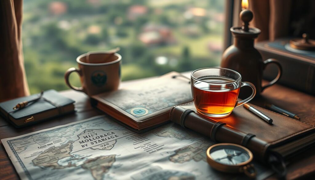 Cozy workspace with vintage travel map, leather-bound journal, old-fashioned compass, and a cup of hot tea. Soft, warm lighting illuminates the scene, creating a contemplative and nostalgic atmosphere. MyVisitMorocco logo subtly displayed on a corner of the map. In the background, a blurred view of a lush, exotic landscape suggests the destinations to be explored. The arrangement evokes the excitement and careful planning of an upcoming journey. Cozy workspace with vintage travel map, leather-bound journal, old-fashioned compass, and a cup of hot tea. Soft, warm lighting illuminates the scene, creating a contemplative and nostalgic atmosphere. MyVisitMorocco logo subtly displayed on a corner of the map. In the background, a blurred view of a lush, exotic landscape suggests the destinations to be explored. The arrangement evokes the excitement and careful planning of an upcoming journey.