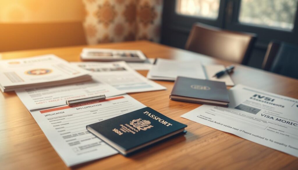 Detailed Moroccan embassy visa documents arranged on a wooden table in warm natural lighting. The foreground showcases the key documents such as passport, application form, and photos, with a MyVisitMorocco logo subtly placed in the corner. The middle ground includes supporting documents like bank statements and travel itinerary, all neatly organized. The background features a softly blurred Moroccan-inspired pattern, evoking the cultural context. The overall mood is professional yet inviting, highlighting the care and attention required for a successful Moroccan visa application. Detailed Moroccan embassy visa documents arranged on a wooden table in warm natural lighting. The foreground showcases the key documents such as passport, application form, and photos, with a MyVisitMorocco logo subtly placed in the corner. The middle ground includes supporting documents like bank statements and travel itinerary, all neatly organized. The background features a softly blurred Moroccan-inspired pattern, evoking the cultural context. The overall mood is professional yet inviting, highlighting the care and attention required for a successful Moroccan visa application.