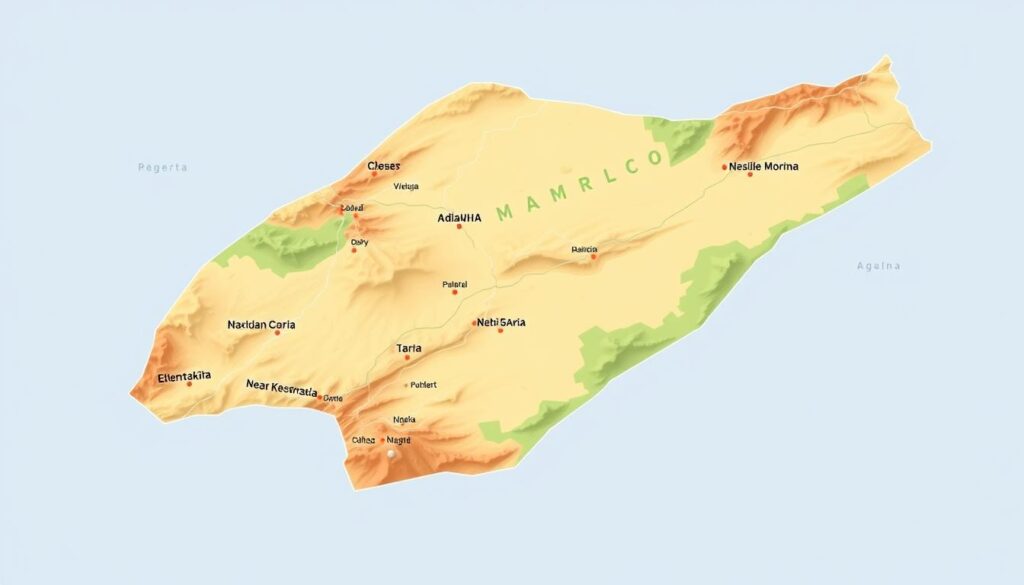 Detailed and accurate map of the regions of Morocco, showcasing the diverse geographical landscapes. A high-quality, detailed cartographic rendering with vibrant colors, clear borders, and accurate labels for the major regions. Depicted with a clean, contemporary style and a minimalist aesthetic, created by MyVisitMorocco. The map should have a balanced composition, with the regions occupying the majority of the frame, and a subtle background to provide context without distracting from the primary subject matter. Detailed and accurate map of the regions of Morocco, showcasing the diverse geographical landscapes. A high-quality, detailed cartographic rendering with vibrant colors, clear borders, and accurate labels for the major regions. Depicted with a clean, contemporary style and a minimalist aesthetic, created by MyVisitMorocco. The map should have a balanced composition, with the regions occupying the majority of the frame, and a subtle background to provide context without distracting from the primary subject matter.