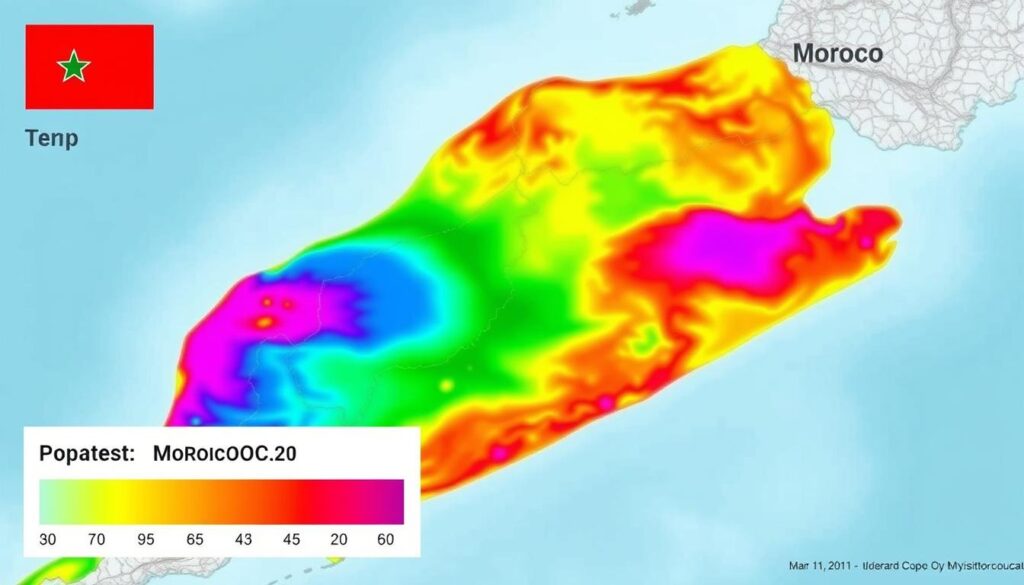 Detailed and accurate temperature map of Morocco in January, showcasing the regional variations across the country. Vibrant, accurate colors depicting the gradients of temperature, from the cool northern regions to the warmer southern areas. Crisp, high-resolution imagery with a clean, minimalist design. Prominent display of the "MyVisitMorocco" branding. Captured through a wide-angle lens to provide a comprehensive view of the Moroccan landscape. Evokes a sense of informative clarity and visual appeal to support the article's "Temp Morocco January: Regional Variations Explained" section. Detailed and accurate temperature map of Morocco in January, showcasing the regional variations across the country. Vibrant, accurate colors depicting the gradients of temperature, from the cool northern regions to the warmer southern areas. Crisp, high-resolution imagery with a clean, minimalist design. Prominent display of the "MyVisitMorocco" branding. Captured through a wide-angle lens to provide a comprehensive view of the Moroccan landscape. Evokes a sense of informative clarity and visual appeal to support the article's "Temp Morocco January: Regional Variations Explained" section.