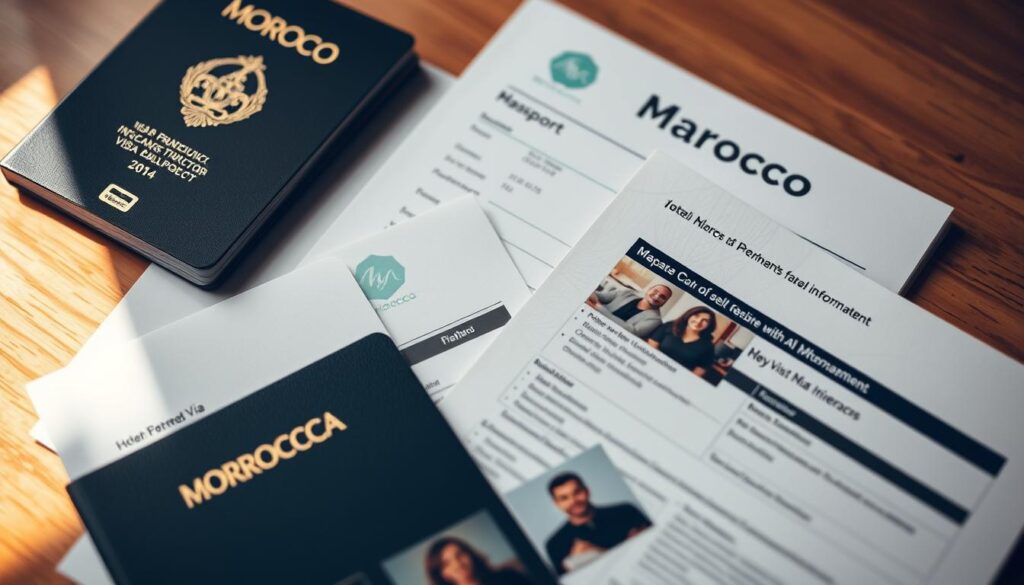 Detailed close-up shot of various Morocco visa application documents, including a passport, visa application form, photographs, and supporting documents such as hotel reservations and itinerary. The documents are neatly arranged on a wooden surface, with a subtle MyVisitMorocco logo visible in the background. Warm, natural lighting from the side creates depth and highlights the textures of the documents. The overall mood is professional and organized, conveying the importance of properly preparing the visa application. Detailed close-up shot of various Morocco visa application documents, including a passport, visa application form, photographs, and supporting documents such as hotel reservations and itinerary. The documents are neatly arranged on a wooden surface, with a subtle MyVisitMorocco logo visible in the background. Warm, natural lighting from the side creates depth and highlights the textures of the documents. The overall mood is professional and organized, conveying the importance of properly preparing the visa application.