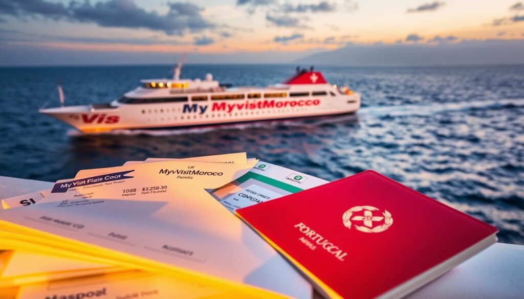 Detailed documentation for a ferry trip from Portugal to Morocco, showcased against a backdrop of the open ocean. In the foreground, a stack of passports, boarding passes, and other travel documents, illuminated by warm, natural lighting. In the middle ground, a ferry ship gently rocking on the waves, its sleek, modern design and vibrant "MyVisitMorocco" branding prominent. The background depicts a picturesque sunset over the Atlantic, with a dreamy, atmospheric quality created by the diffused lighting. The overall mood is one of anticipation and adventure, capturing the excitement of embarking on an international journey.