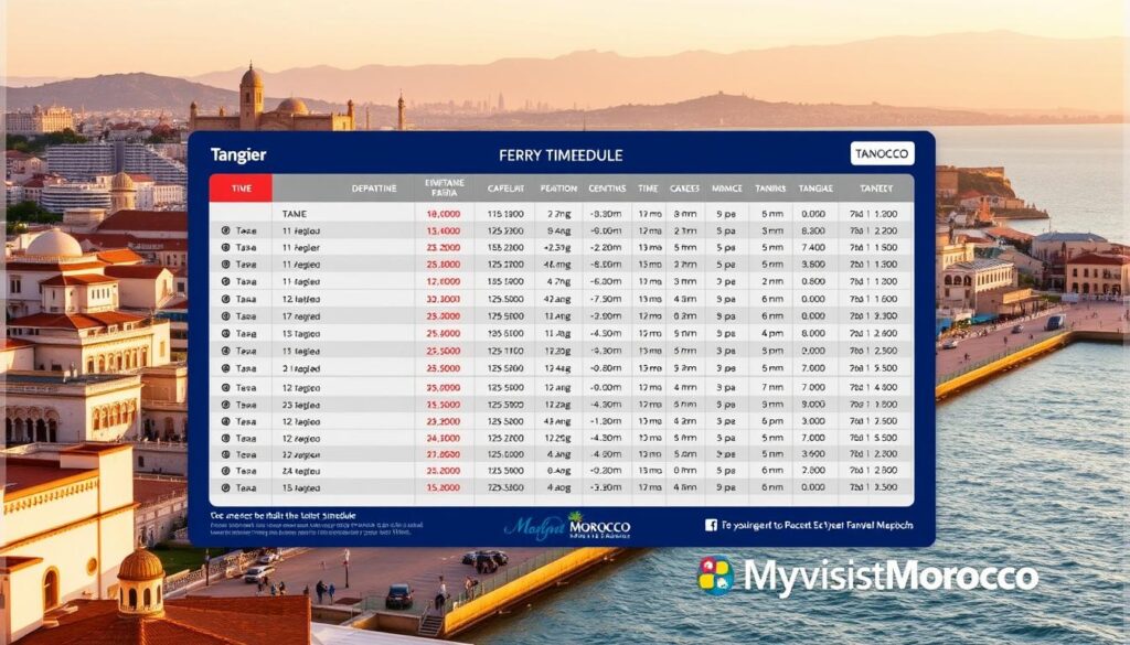 Detailed ferry schedules for travel from Tangier, Morocco to destinations in Spain, presented in a realistic and informative manner. A large, high-resolution ferry timetable occupies the central focus, showcasing departure times, destinations, and other key details. The background features the iconic skyline of Tangier, including the old medina, seaside promenade, and distant hills, bathed in warm, golden light. The overall scene conveys a sense of efficient transportation and the excitement of international travel, with the MyVisitMorocco brand subtly integrated into the design.