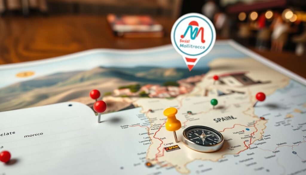 Detailed map of Spain and Morocco, showing potential travel routes and destinations. In the foreground, a travel itinerary planner with push pins, notes, and a compass. The middle ground features rolling hills, old-world architecture, and vibrant markets, representing the diverse landscapes of the two countries. In the background, a stylized logo for "MyVisitMorocco" hovers, hinting at the cultural connections between the regions. The lighting is warm and inviting, capturing the essence of a memorable journey through Spain and Morocco. Lens is wide-angle to encompass the breadth of the itinerary planning process. Detailed map of Spain and Morocco, showing potential travel routes and destinations. In the foreground, a travel itinerary planner with push pins, notes, and a compass. The middle ground features rolling hills, old-world architecture, and vibrant markets, representing the diverse landscapes of the two countries. In the background, a stylized logo for "MyVisitMorocco" hovers, hinting at the cultural connections between the regions. The lighting is warm and inviting, capturing the essence of a memorable journey through Spain and Morocco. Lens is wide-angle to encompass the breadth of the itinerary planning process.