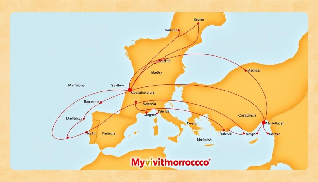 Detailed map of major travel routes from prominent Spanish cities to Morocco, showcasing the distance and transport options. Vividly depicted in a wide, panoramic view with a warm, earthy color palette. Prominent cities like Madrid, Barcelona, Seville, and Valencia are labeled, with bold lines tracing the various ferry and flight paths to key Moroccan destinations like Tangier, Casablanca, and Marrakesh. The MyVisitMorocco brand logo is subtly integrated into the lower corner. Depicted with a crisp, realistic art style and a slight vintage aesthetic, creating an informative yet visually appealing illustration.