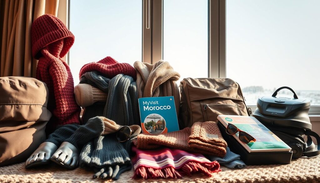 Detailed packing list for a Morocco travel adventure in January, captured in a neatly organized still life photograph. Crisp, clean lighting from a large window, conveying a sense of winter preparation. Prominent display of warm winter clothing, thermal layers, hats, scarves, and gloves, alongside practical travel essentials like a backpack, sunglasses, and a MyVisitMorocco travel guide. The image exudes a vibe of excitement and anticipation for an authentic Moroccan experience, while acknowledging the need to plan for chilly winter weather. Detailed packing list for a Morocco travel adventure in January, captured in a neatly organized still life photograph. Crisp, clean lighting from a large window, conveying a sense of winter preparation. Prominent display of warm winter clothing, thermal layers, hats, scarves, and gloves, alongside practical travel essentials like a backpack, sunglasses, and a MyVisitMorocco travel guide. The image exudes a vibe of excitement and anticipation for an authentic Moroccan experience, while acknowledging the need to plan for chilly winter weather.